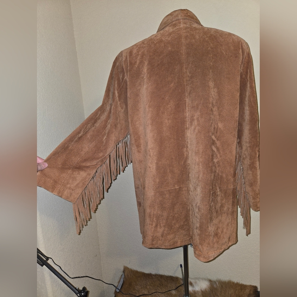 Roaman's Brown Suede Leather Jacket with Fringe - Picture 6 of 15